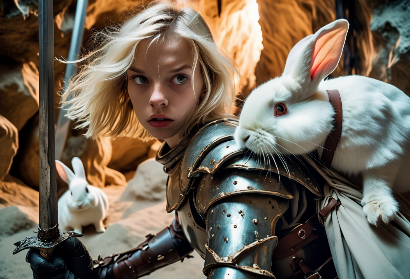 00071-1331339021-Photo Closeup of a playful and chaotic scene of a blonde knight fighting a white rabbit. _BREAK_The blonde knight, adorned with.png